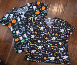 Halloween Scrub Tops Set 2 Large Black Cats Owls Ghosts Pumpkins - $28.70