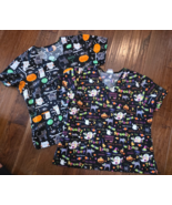 Halloween Scrub Tops Set 2 Large Black Cats Owls Ghosts Pumpkins - $28.70