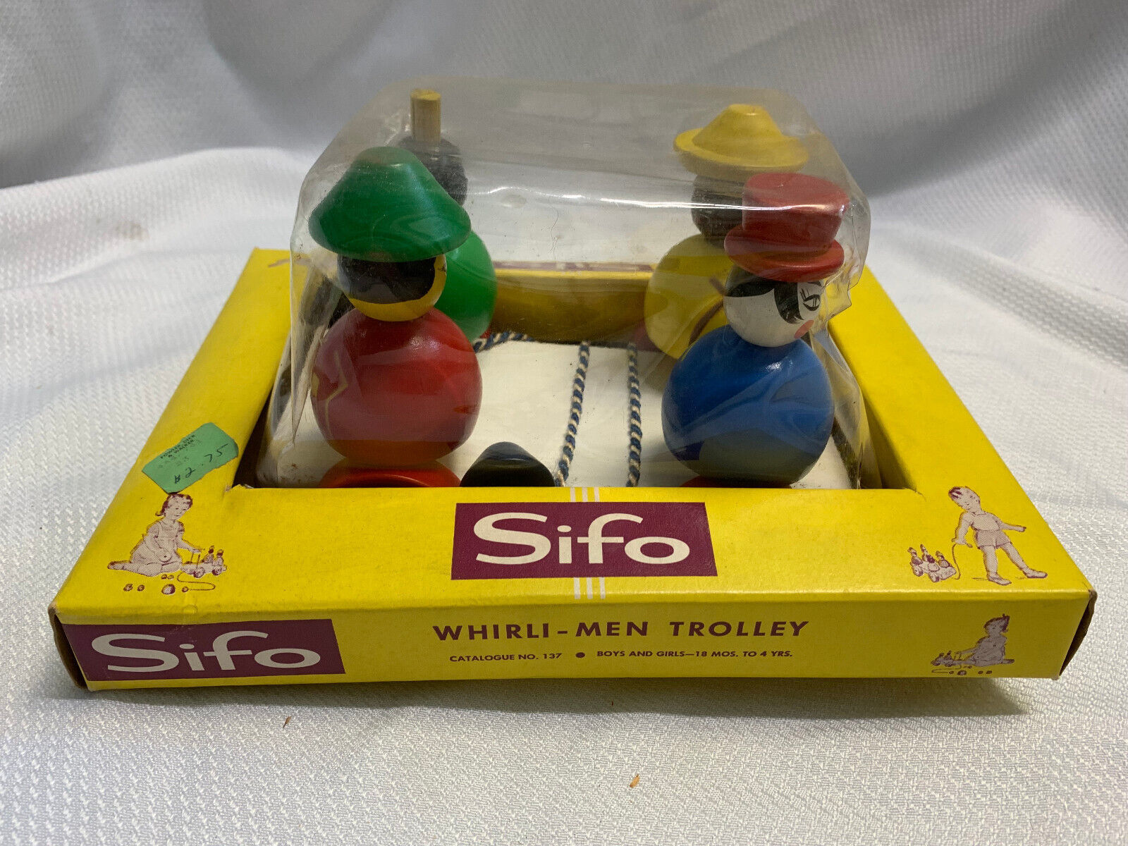 Sifo Vtg Wooden Pull Toy Whirli-Men Trolley #137 Rare in Original Box USA  - $49.95