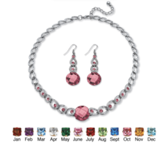 Simulated Birthstone October Pink Tourmaline Necklace Drop Earrings Silvertone - £78.65 GBP