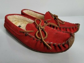 Lands&#39; End Womens Moccasin Slippers Size 7 B Red Suede Loafers 34664 Lace Up - £19.95 GBP