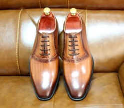 Men&#39;s Handcrafted Leather brown Shoes Brown Dress Shoes With patina finish - £131.52 GBP