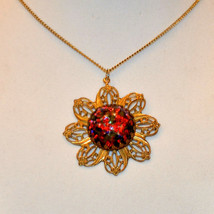 vintage Large gold filigree flower floral pendant necklace red confetti ... - $24.74