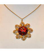 vintage Large gold filigree flower floral pendant necklace red confetti ... - £19.54 GBP