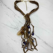 Chico&#39;s Brown Cord Multi Strand Purple Beaded Tassel Pendant Gold Tone Necklace - £15.68 GBP