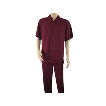 Men INSERCH 2pc Walking Leisure Suit Shirt Pants Set Short Sleeves 9356 Burgundy image 7