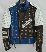 Men&#39;s Multi color Biker Silver Studded Magnificent Leather Jacket Brando All Siz - £206.20 GBP