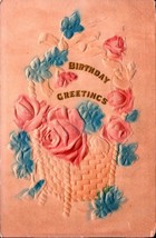 Vintage Embossed POSTCARD-BIRTHDAY GREETINGS-BASKET With Pink&amp;Blue Flowers BK27 - £1.57 GBP