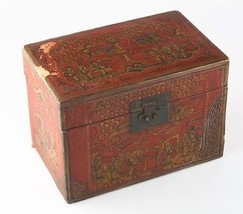 Antigüedad Rojo Chino Y Oro Laqueado Madera Caja Pintada a Mano Dinastía Qing W/ - £828.33 GBP
