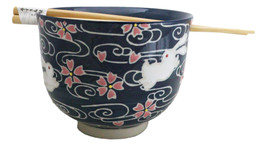 White Rabbit With Sakura Blossoms Ceramic Donburi Ramen Bowl With Chopst... - $18.99