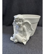 Vintage white ceramic 7.5” dia. flower pot with beautiful sitting cherub... - $17.82