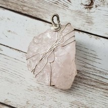 Rose Quartz Raw Stone Pink Pendant with Silver Tone Wire Wrap No Chain Included - £8.75 GBP