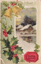 Christmas Greetings Winter Scene in the Evening Gold Bells Holly Postcard D55 - £2.35 GBP