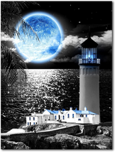 Coast Lighthouse Canvas Wall Art: Blue Moon Wall Decor - Black White Decoration - £14.35 GBP