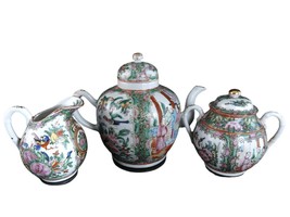 Antique Chinese Famille Rose Medallion Teapot Creamer and Sugar - £291.93 GBP