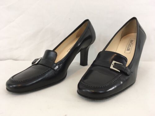 Primary image for Ann Taylor Italy 9 1/2 Black Leather Silver Buckle Strap High Heels Shoes
