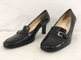 Ann Taylor Italy 9 1/2 Black Leather Silver Buckle Strap High Heels Shoes - £14.86 GBP