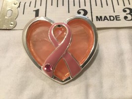 Breast Cancer Awareness Heart Pink Ribbon Pin Brooch Silver Tone - £11.99 GBP