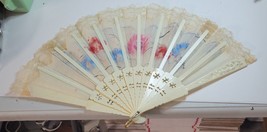 Vintage Hand Held Fan with lace Edges Floral Design - £23.59 GBP