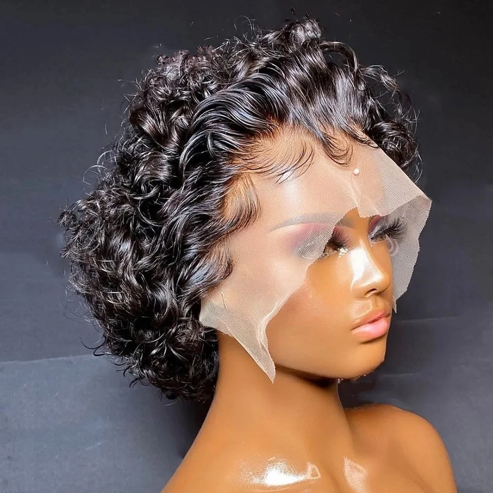 Short Bob Pixie Cut Wig Curly Human Hair Wigs Deep Wave  Wig 13X1 Transpare - £31.95 GBP