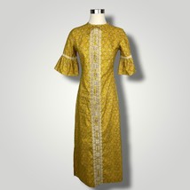 Vintage Dress 1960s Frill Sleeve Kaftan Gold Yellow Maxi Floral Cotton A... - £32.56 GBP