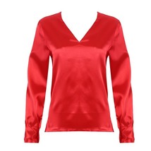 Satin Shirts Women Red T Shirt Women Long Sleeve Shirts Blouse Office Lady Satin - £29.22 GBP