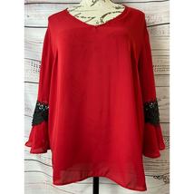 I.N. San Francisco V Neck Blouse Top Womens XL Lace Up Back 3/4 Bell Sleeves Red - $13.50