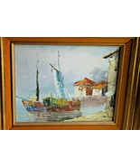 Original VTG Oil Painting Ships Fishing Sail Boats Harbor Bay Maritime S... - $162.34