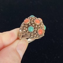 Turquoise &amp; Coral Filigree SILVER Boho Cocktail Dome Ring Size 6 Adjustable - $89.95