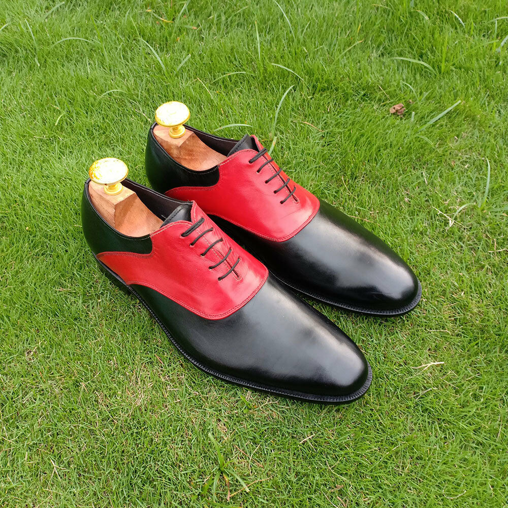 Oxford Men's Two Tone Red Black Contrast Derby Toe Genuine Leather Laceup Shoes