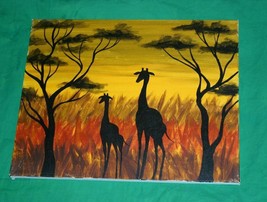 Serengeti Sunrise Giraffe Oil Painting Original Art Tanzania Umbrella Thorn Tree - £29.34 GBP