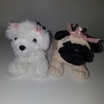 2 Unipak Puppy Dogs Plush Lot Tan Pug White Bichon? Pink Bows Stuffed Animal Toy - £15.25 GBP