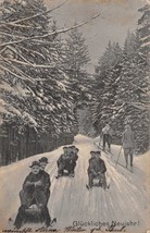 Gluckliches Neujahr -SLEDS &amp; SKIERS-GERMAN New Year Postcard 1909 Pmk Elgersburg - £4.81 GBP