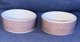 Set of 2 Mauve &amp; White 5” Ceramic Kitty Cat Faces Feeding Water Dishes B... - $24.99