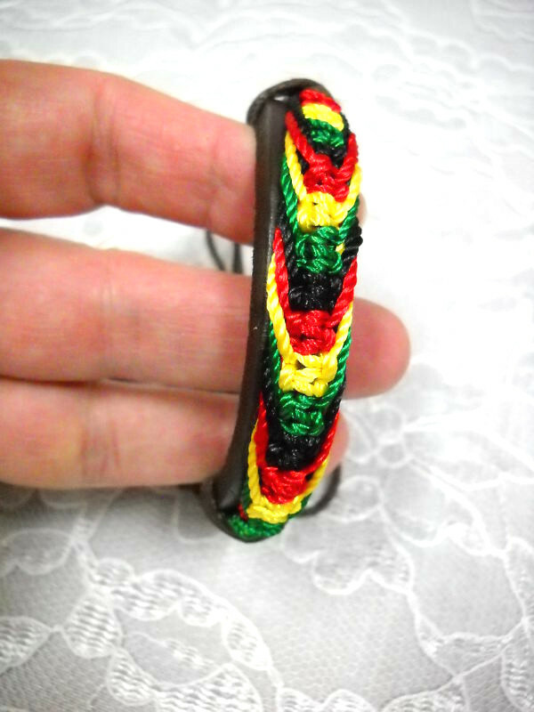 BROWN LEATHER w RASTA COLOR WEAVE CORDS SLIDER ADJUSTABLE BRACELET 6 - 12" Item image 2