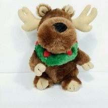 Moose Christmas Brown Plush Green Wreath On Neck Plush Stuffed Animal 8&quot; - £12.42 GBP
