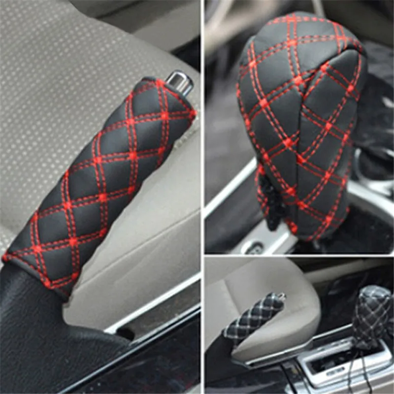 Cs set faux leather hand brake shift knob cover gear case car interior decor shift knob thumb200