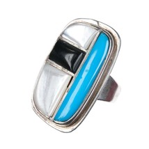 Sz9 Vintage Native American sterling turquoise, shell, and jet cobblestone ring - £107.69 GBP