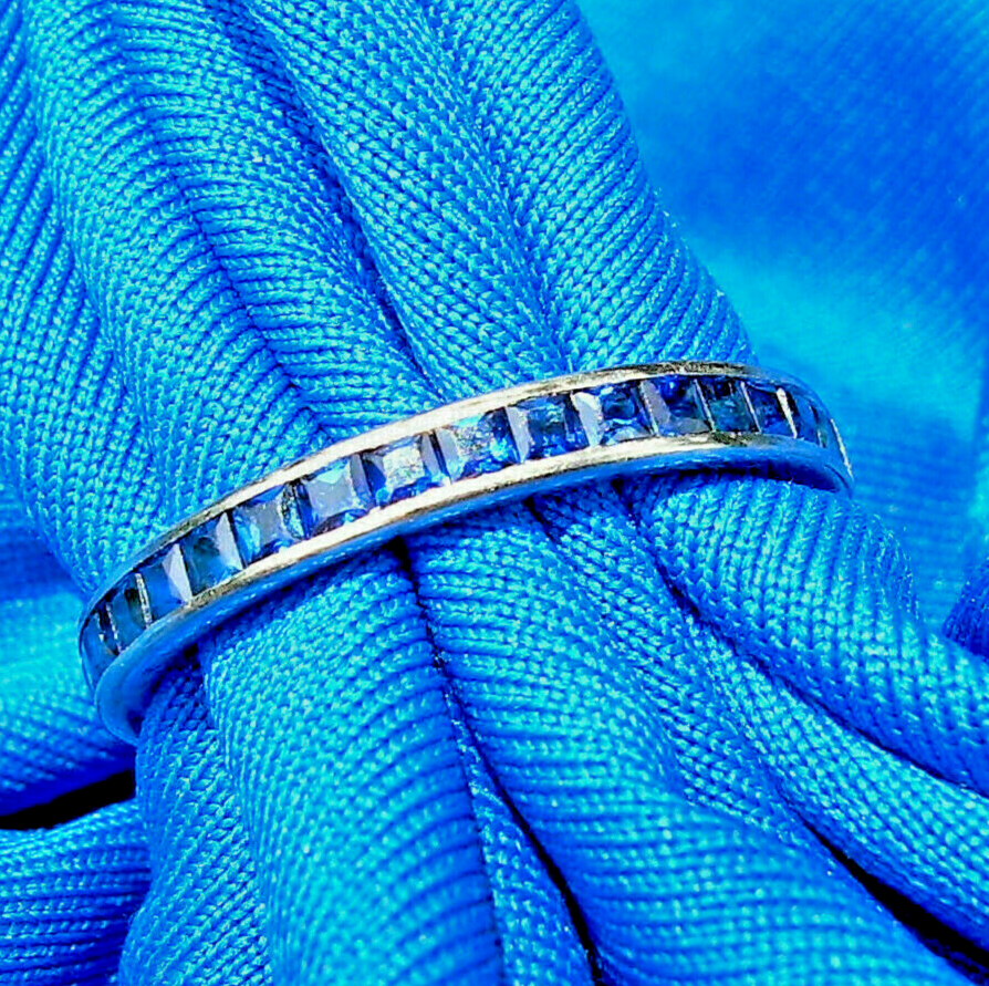 Sapphire Deco Wedding Band 14k Gold Vintage Bridal Eternity Anniversary Ring 7.5 Item image 8