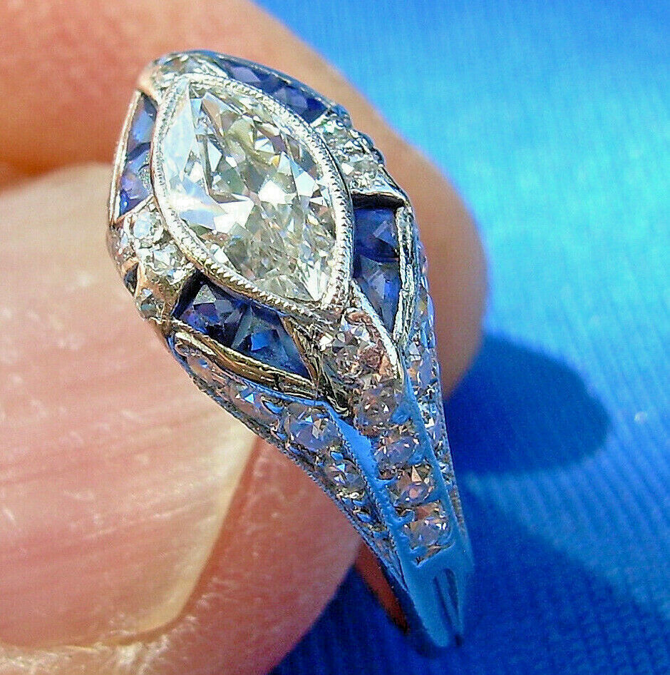 Eart mined Diamond Deco Engagement Ring Marquise Platinum Sapphire Solitaire 6 Item image 3