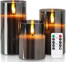 Grey Glass Flameless Candles, Battery Operated LED Pillar Candles with R... - $39.03