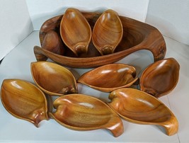 Hand Carved Genuine Monkey Pod Wood Salad Bowl 9pc Set Philippines Curved Handle - £37.35 GBP