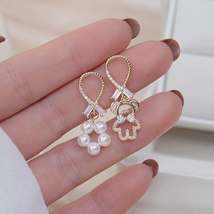 Cute Tiny Bear Asymmetry Pearl Crystal Earring for Women 14K Real Gold Micro Inl - £10.68 GBP