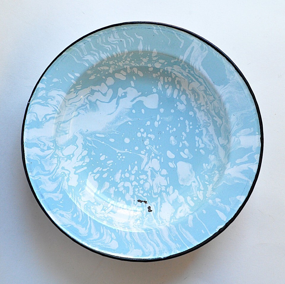 Lot 6 Light Blue & White Swirl Enamel Graniteware 10" Soup Plates Bowls Sky VTG Item image 7