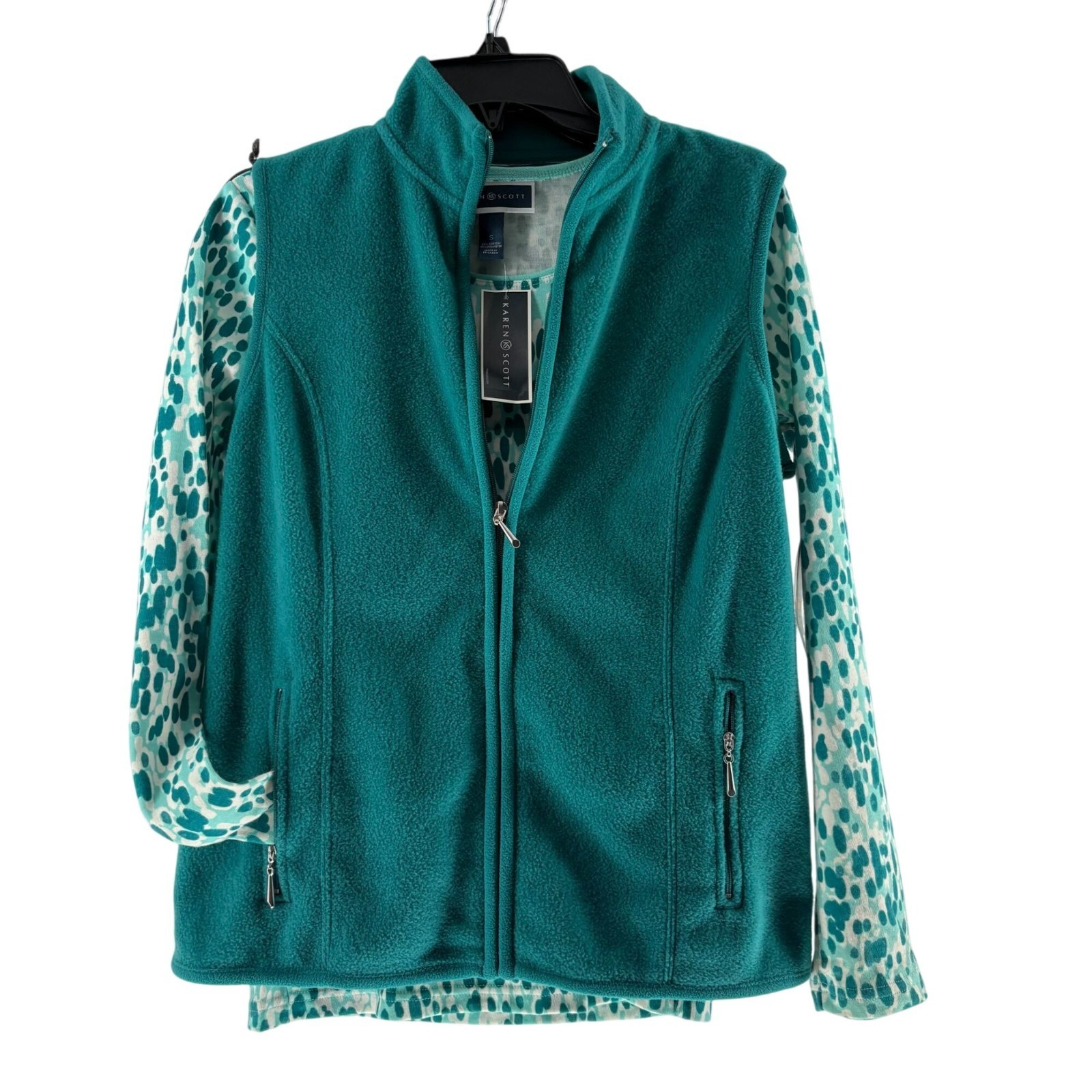 Karen Scott Womens Small Teal Fleece Vest &amp; Leopard Print Top Set Small - $19.20