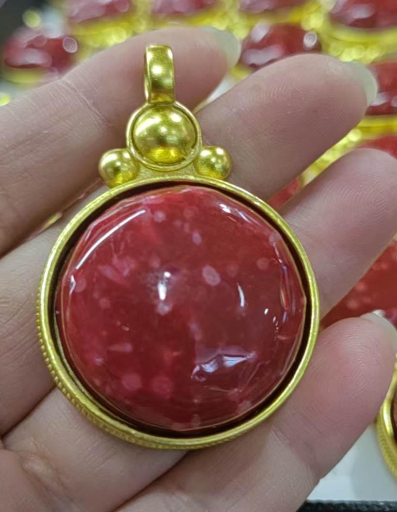 Rare Large Red Coral necklace  pendants  Round DIsc Oval 18k gold cz jewelry  be