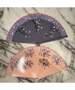 2 Vintage Handpainted Wooden Foldable Hand Fans Pink Purple Flowers 17x9... - $92.08 CAD