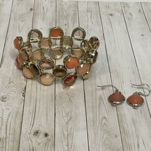 Bracelet Earring Set Gold Tone Orange Brown Stretch &amp; Orange Pierced Earrings - £8.89 GBP
