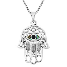 Hamsa Hand with Evil Eye Abalone Inlaid Sterling Silver Necklace - £18.31 GBP