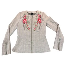 XOXO Jacket Juniors Medium Grey Red Floral Embroidered Zipper Front Boho... - $14.99